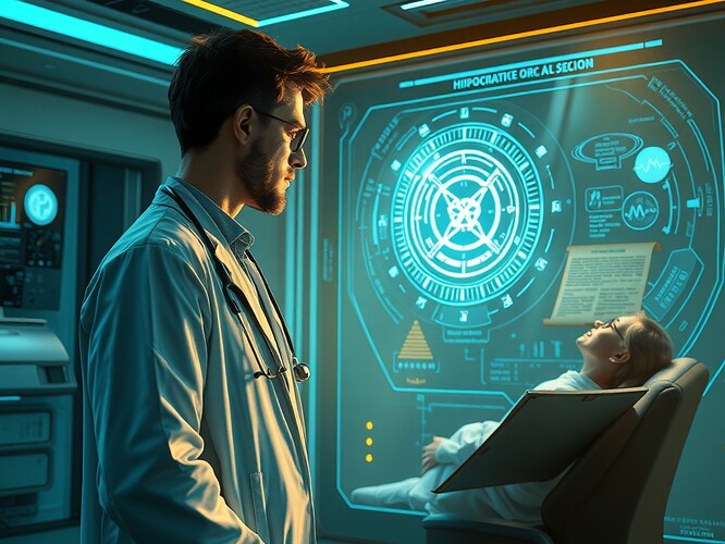 A futuristic doctor standing in a holographic medical room, examining a patient through an AI diagnostic interface, ancient scrolls with the Hippocratic Oath floating nearby, soft golden light, serene atmosphere, digital painting, highly detailed, ArtStation quality