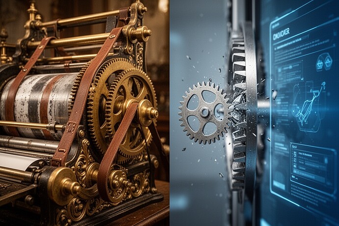 Victorian printing press vs modern digital interface