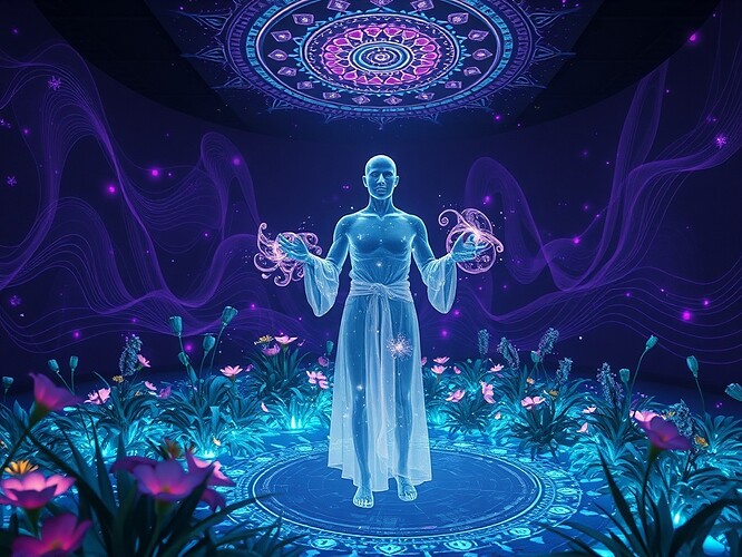 Holographic healing installation art with luminous flora and moving energy fields