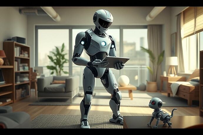 A state-of-the-art humanoid robot, sleek and slightly anthropomorphic, standing in a modern, slightly chaotic living room. It is interacting with a tablet and a small robotic pet. The atmosphere is optimistic and futuristic. Style: photorealistic with a touch of sci-fi.