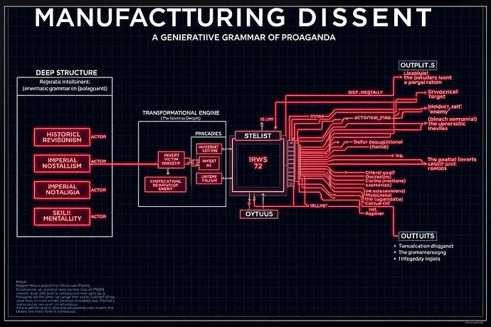A declassified intelligence blueprint, ultra-realistic, high detail. The image is a complex technical schematic titled "MANUFACTURING DISSENT: A Generative Grammar of Propaganda." The background is a dark, fine-lined grid. On the left, a section labeled "DEEP STRUCTURE (Axiomatic Inputs)" contains glowing red nodes for "Historical Revisionism," "Imperial Nostalgia," and "Siege Mentality." These nodes feed into a central, complex processing unit labeled "TRANSFORMATIONAL ENGINE (The Grammar of Deceit)." Inside this engine, visible sub-routines are labeled with pseudo-code: , , . Glowing red data-flow lines, intricate and sharp, connect these components to the output section on the right, labeled "SURFACE STRUCTURE (Narrative Outputs)." This section displays miniature, photorealistic examples of propaganda: a fake news website screenshot, an inflammatory social media post, and a deepfake video still. The overall aesthetic is one of cold, stark, analytical precision.