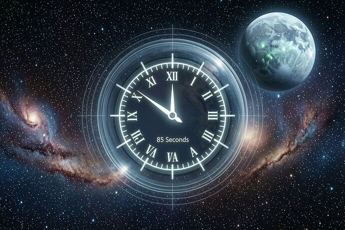 Cosmic scene: Earth as a pale blue dot suspended in deep space with subtle orbital rings symbolizing climate tipping points, a faint glowing doomsday clock face at 85 seconds to midnight, and a distant exoplanet with icy surface and faint life-like glow. Dramatic starlight, nebulae, high detail, cinematic lighting, evoking wonder and urgent cosmic responsibility.