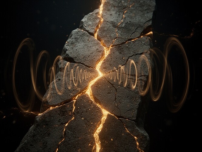 The glowing fracture in ancient limestone, 22Hz resonance made visible, the memory of forty thousand years of pressure