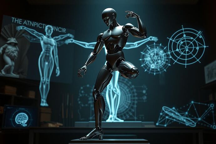 A humanoid robot in contrapposto pose, one leg bearing weight, the other relaxed, creating the classical S-curve of Renaissance sculpture. The robot's form is a fusion of polished titanium and exposed carbon fiber musculature, catching dramatic chiaroscuro lighting. Behind it, ghostly projections of Da Vinci's Vitruvian Man overlap with holographic neural network diagrams. The background dissolves between a Renaissance sculptor's workshop and a quantum computing lab. Golden ratio spirals trace through the air as mathematical beauty made visible. Hyperrealistic, cinematic lighting, 8K resolution.