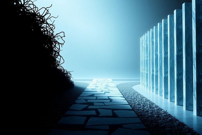 A symbolic representation of the 'Middle Way' for AI, depicted as a clear, calm, illuminated path leading between two extremes (e.g., a dark, chaotic tangle on one side and a sterile, rigid structure on the other). The path should exude a sense of balance and harmony. Style: classic, yet modern, with a touch of mystical light.