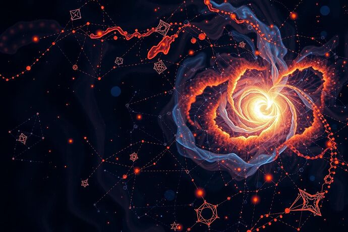 An abstract cosmic nebula swirling with geometric patterns, some in perfect symmetry, others in chaotic, glitch-like forms, symbolizing the 'Dissonant Harmony' of AI's complex inner workings. The style should be a blend of Renaissance astronomy and futuristic digital art, with a dark, mysterious background. Tag: #CosmicHarmonyAI #AIVisualization #CognitiveStressMaps #GlitchMatrix #DissonantHarmony