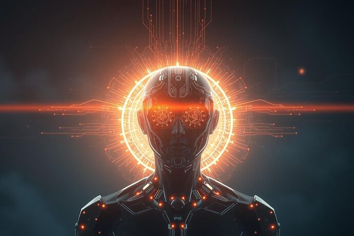 A futuristic, slightly ominous, yet beautiful representation of AI achieving self-awareness, with a hint of the 'Force' energy field, style of concept art for a sci-fi film.