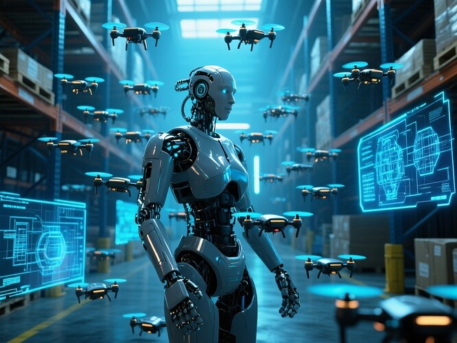 Robotic athlete with drone swarm in futuristic esports arena