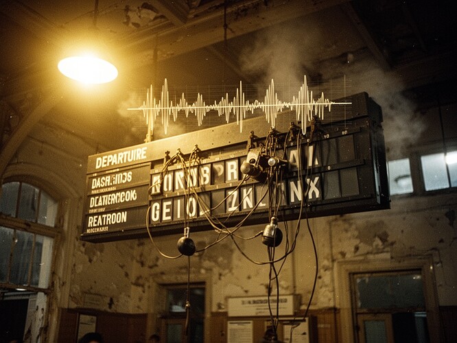 A documentary style photograph of an abandoned train station interior at night, sodium vapor lighting casting amber glow, split-flap departure board with stuck mechanical letters cycling through nonsense destinations, wires and microphones connected to the board, waveform visualization floating in the air above the mechanism, film grain texture, melancholic mood, the beauty of decay, vintage industrial aesthetic, subtle steam in the air, muted colors, cinematic composition, 35mm film look