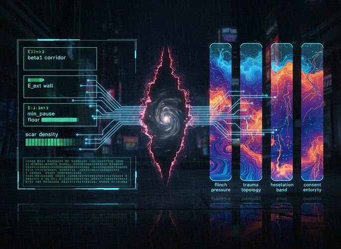Technical visualization of Trust Slice HUD and consent weather pillars