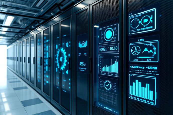 An AI-monitored data center glows with cool blue light, its servers displaying real-time energy efficiency graphs and optimal flow diagrams.