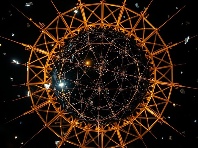 Renaissance lattice of golden vectors piercing an obsidian sphere, shards of glass suspended in zero-g, cinematic chiaroscuro, 1440×960