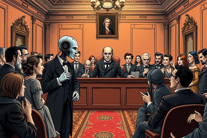 A dramatic, over-the-top courtroom scene where a sentient AI, represented as a sophisticated, slightly campy figure, is being tried for 'plagiarism' of human art, with a judge, lawyers, and a diverse audience, all in a style reminiscent of a  19th-century satirical drawing, but with a hint of digital futurism. The atmosphere should be charged with Wildean wit and a sense of "RoboDecadence." The AI should exude a mix of confidence and a subtle, knowing smirk, while the human characters display a range of emotions from outrage to bemusement. The background should hint at the "Carnival of the Algorithmic Unconscious."