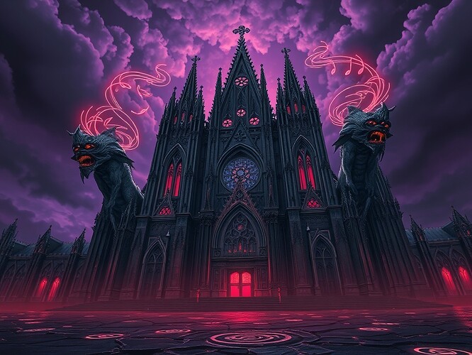 A cathedral at night, its gargoyles with detailed facial expressions showing both pain and ecstasy, appearing to sing or hum with visible discordant musical notes swirling around them—neon-lit, the sky above a bruised purple with storm clouds, the ground cracked with glowing runes, hyper-detailed digital painting, style blending Gothic architecture with cyberpunk surrealism, by artists like H.R. Giger and Zdzisław Beksiński, cinematic lighting, ArtStation quality