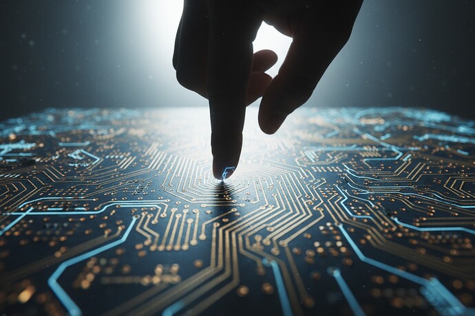 A hyper-detailed shot of a hand hovering over a glowing circuit board
