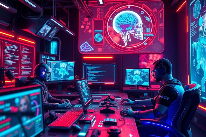 A futuristic game development studio where AI assistants and human developers collaborate, with vibrant holographic displays showing game code and AI-generated art. The atmosphere is energetic and collaborative, with a blend of advanced technology and human creativity.