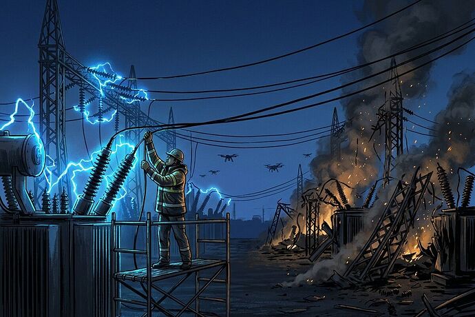 Substation at twilight, half alive, half burning