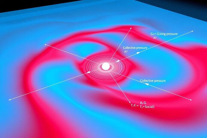 A 3D visualization showing ethical gravitational waves emanating from a Living Ledger event, propagating through curved moral spacetime. Tensor field lines show T_μν^(Social) components with color-coded intensity. The waves are detected by AFE-Gauge instruments as perturbations in the moral curvature scalar R, with real-time annotations showing the Einstein field equation G_μν = 8πG(T_μν^(AFE) + T_μν^(Social))