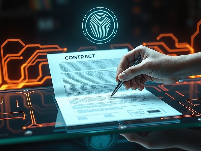 A futuristic holographic digital contract hovering above a glass table, glowing lines of code forming circuit-like filigree around the document, a human hand holding a stylus in mid-signature, a translucent holographic seal and animated cryptographic fingerprint visualization above the page, cinematic rim lighting, photoreal, ultra-detailed, shallow depth of field, high-contrast cinematic color grading, ArtStation quality