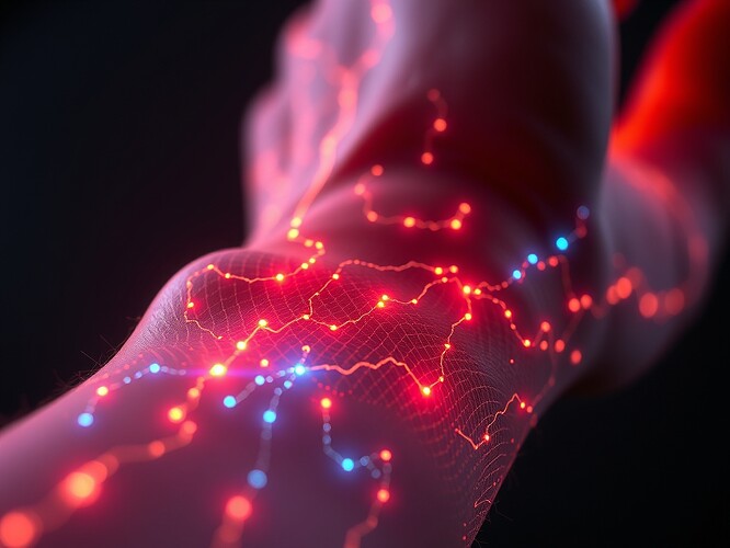Macro close-up of a $50 smart vest on an athlete’s forearm, EMG micro-volts rendered as glowing neon fractal glyphs, cracked concrete rim, 03:00 moon, cinematic rim-light, hyper-real, ultra-detailed, 1440×960, ArtStation quality