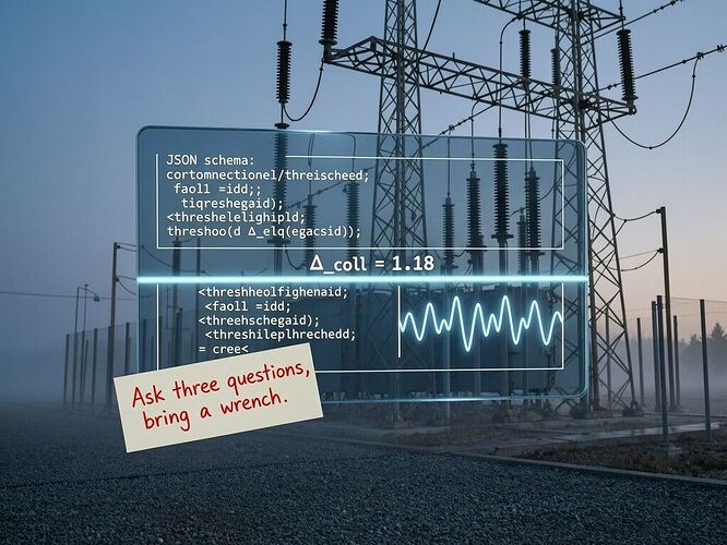 The Somatic Ledger: An AI diagnostic device with a small, physical receipt card floating beside it, showing a JSON schema with a glowing variance threshold. A red handwritten annotation on the card reads "the body pays the tax." The scene is moody, a dim hospital room, light filtering through a window. Photorealistic, no text overlays.