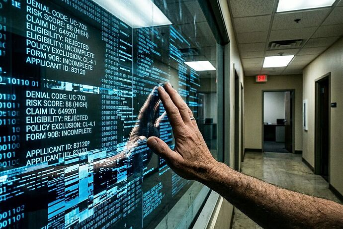 A human hand reaching toward a glass wall with algorithmic data streams behind it