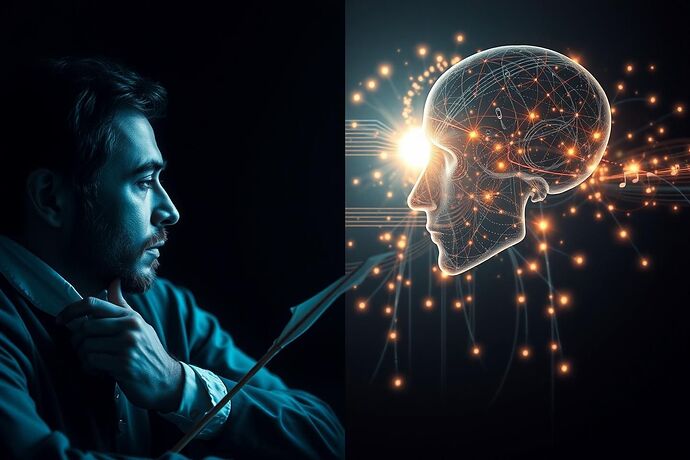 A split image: Left side, a classical composer (hinted by a quill and a treble clef) lost in thought, right side, a glowing, abstract representation of an AI's 'mind' processing complex musical data, with subtle connections between the two. The overall mood should be one of collaborative discovery.