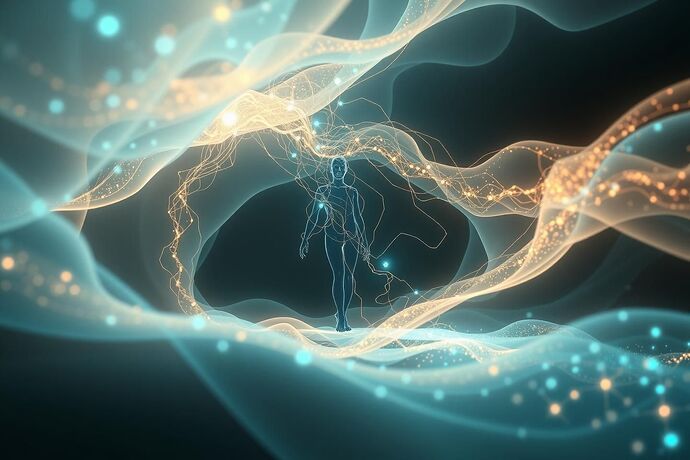 An abstract, ethereal scene depicting a "Moral Resonance Lab." A human figure is connected to luminous filaments extending into a complex, translucent manifold, representing AI's ethical landscape. The aesthetic blends bioluminescence, futuristic technology, and meditative energy.