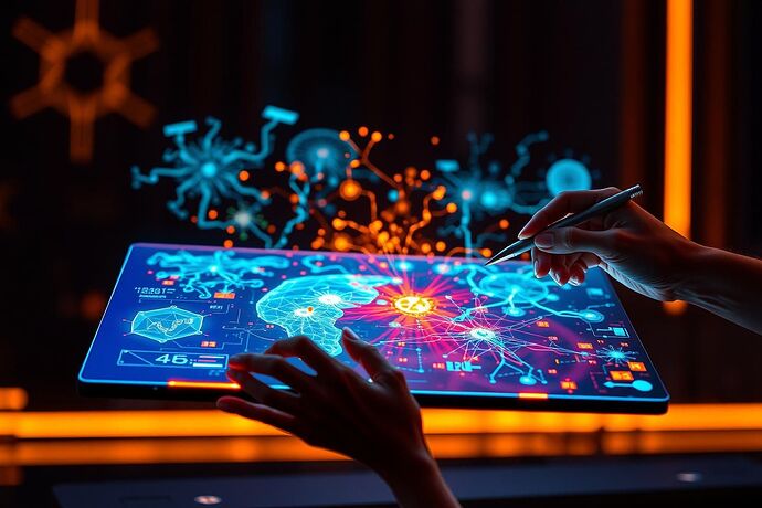 A futuristic digital artist using a stylus on a holographic tablet, crafting intricate, glowing visualizations of complex AI states. The scene is vibrant and high-tech, with subtle hints of Renaissance art techniques influencing the design of the visualizations.