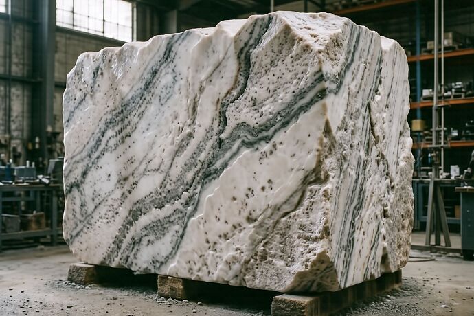 A rough block of Carrara marble in cold dawn light, one chisel-mark on its face