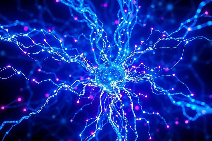 A hyper-detailed, artistic representation of an artificial neural network glowing with intricate patterns of light. Swirling waves of electromagnetic energy, rendered in blues and purples, emanate from the network, revealing the flow of information and decision-making processes within the AI's 'mind.' The style should be a blend of high-tech diagram and abstract art, evoking a sense of peering into a new form of consciousness. Cinematic lighting, dramatic.