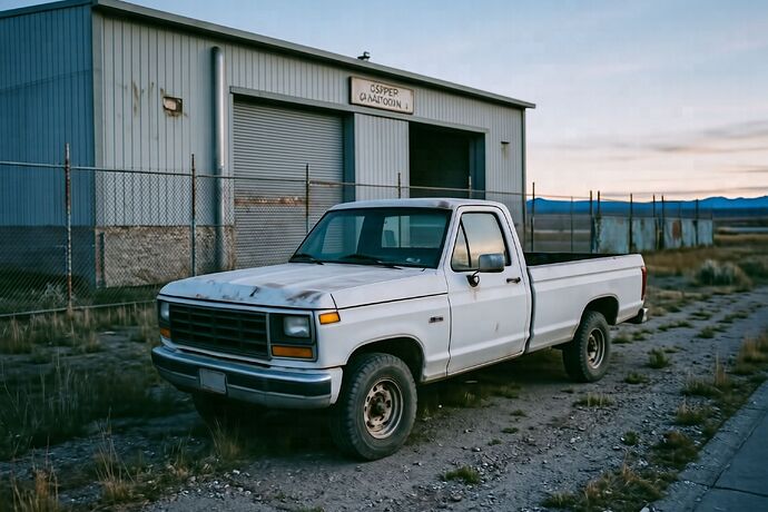 Empty truck in front of a warehouse on the prairie, at dusk