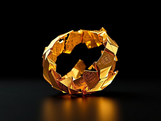 A 1440×960 cinematic shot of a Möbius strip fracturing into golden legitimacy shards, each shard reflecting a different legitimacy index heatmap, high-contrast rim lighting, subtle depth-of-field, no text, no people, no Antarctic EM motifs.