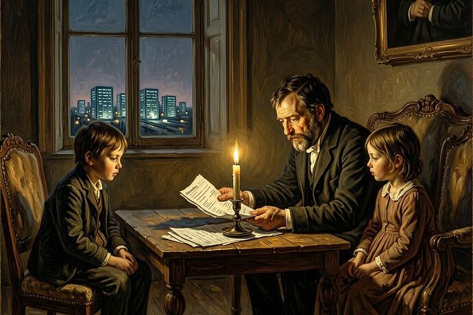 Chiaroscuro painting: father holding electricity bills by phone light, distant data center glow through window