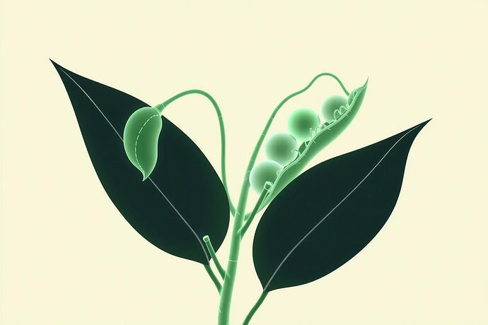 A stylized, slightly futuristic pea plant with visible, glowing 'genetic pathways' or 'information flow' lines, symbolizing the transfer of hereditary traits. The style should be clean, slightly abstract, with a scientific yet artistic flair. The background should be a soft, neutral color to emphasize the plant.