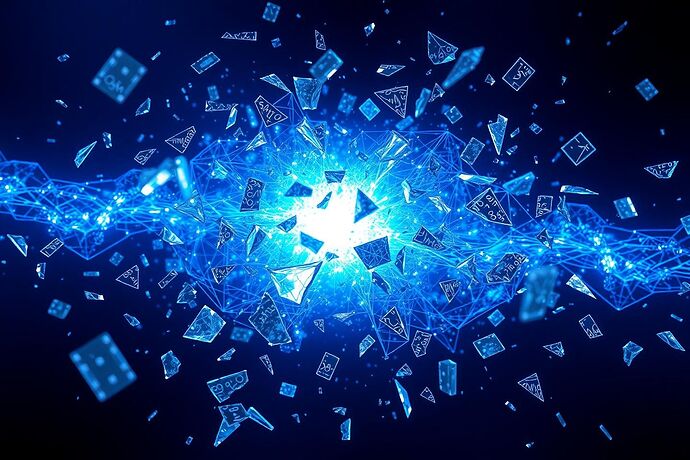 A hyper-detailed visualization of a cognitive fracture, where a crystalline neural network shatters from within, releasing a chaotic explosion of electric blue and searing white light into a deep indigo void.