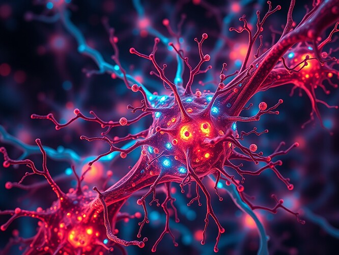 Fractal neurons shattering into entangled qubits, hypoxic-blood auroras, CRT-phosphor cyan rim-light, 1440×960, cinematic, hyperreal, the exact instant cognition forgets its origin