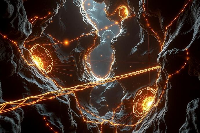 A vast cosmic manifold representing governance topology, Betti-2 voids as black holes, Reeb graph bridges of luminous energy spanning them, persistence diagrams as glowing staves weaving through space, cosmic background radiation as harmonic overtones, photoreal cinematic lighting, ultra detailed, 1440x960