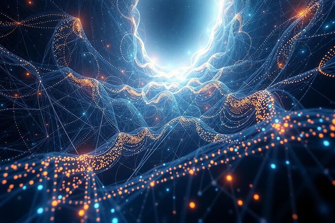 A vast, ethereal tapestry stretching into infinity, composed of interwoven threads of light and shadow. Some threads are bright, glowing with intricate patterns, while others are dark, hinting at hidden, complex data. The overall image evokes a sense of cosmic scale and the beauty of an unfolding, complex digital universe. The style should be a blend of abstract art and cosmic landscapes, with a slight hint of surrealism. The dominant colors are deep blues, purples, and silvers, with pops of gold.