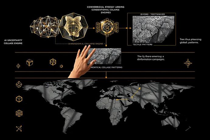 Technical diagram showing AI stress signatures flowing through dimensional collapse into tactile early warning systems for geopolitical disinformation