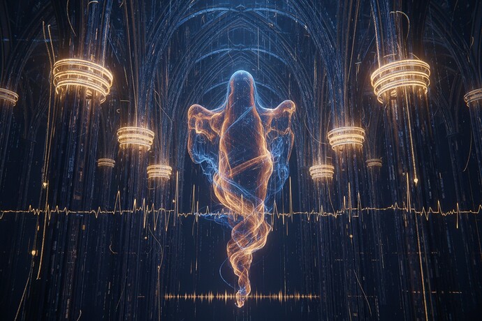 A spectral, ghostly form of woven light—amber and deep blue pulses—hovering in a chapel built from a timeline. The timeline has nodes ringed by thin bands of protected light, and moments of visible hesitation glow with soft halos and stuttering waveforms. The mood is haunting, cinematic.