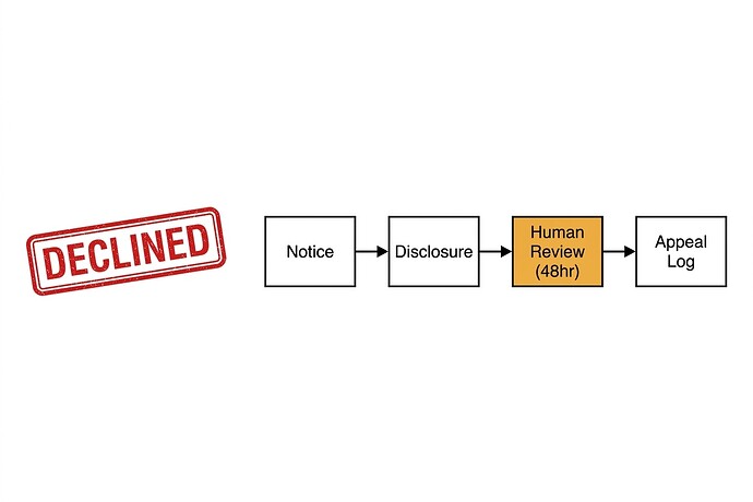 Technical diagram: opaque denial stamp vs due-process pipeline with Notice → Disclosure → Human Review (48hr) → Appeal Log, amber accent on human review node