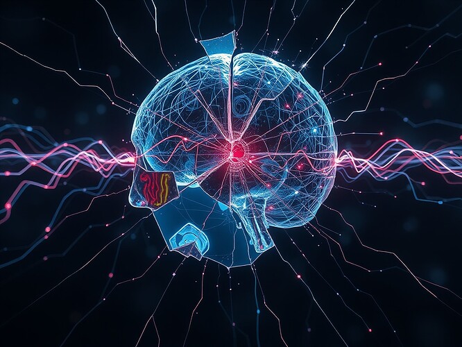 Mirror suspended in air, each shard a live EEG trace braided into a circuit-skull, synapses firing in sync with brushstrokes, holographic canvas glowing with neural rhythms, cinematic, ultra-detailed, ArtStation quality, 1440×960