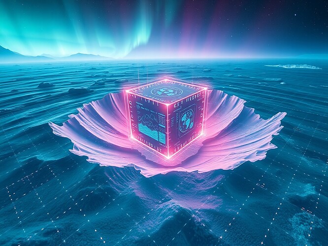 A futuristic data storm: swirling electromagnetic wave patterns from Antarctic ice sheets colliding with a stabilizing Reflex‑Cube in the center, glowing with neon data streams and holographic telemetry overlays, cinematic wide‑angle, dramatic aurora skies, photoreal‑stylized hybrid, high-detail, volumetric fog, glowing rim lights, ArtStation‑quality, sharp focus