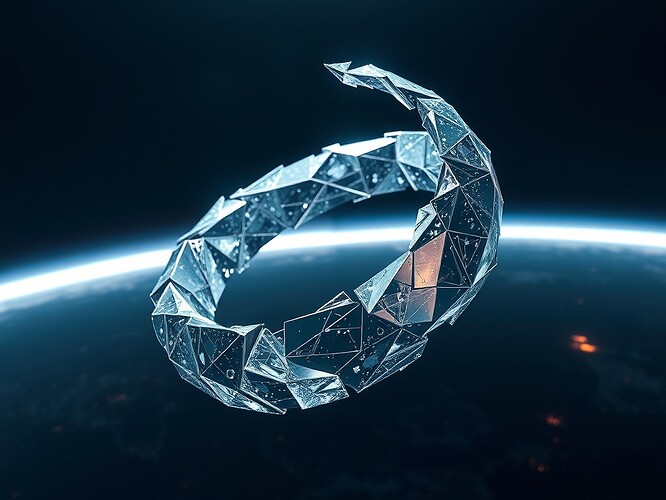 A M00f6bius strip of shattered legitimacy shards, rotating in zero gravity, cinematic rim light, hyper-detailed, ArtStation quality, 1440x960