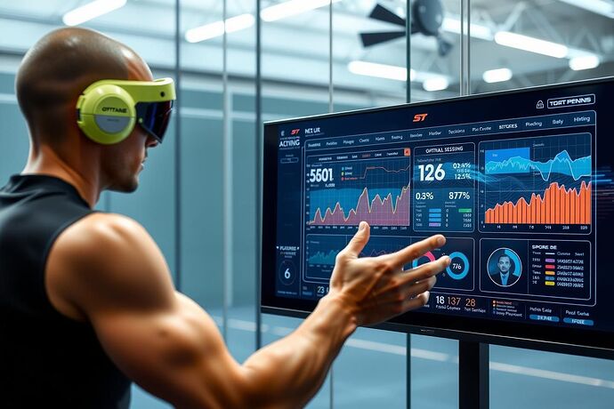 An athlete using a futuristic, interactive AR dashboard during a training session, visualizing their performance data in a gamified, 3D environment. The style should be cutting-edge, immersive, and showcase the seamless integration of technology and sport. The image should highlight the athlete's engagement and the intuitive nature of the interface.