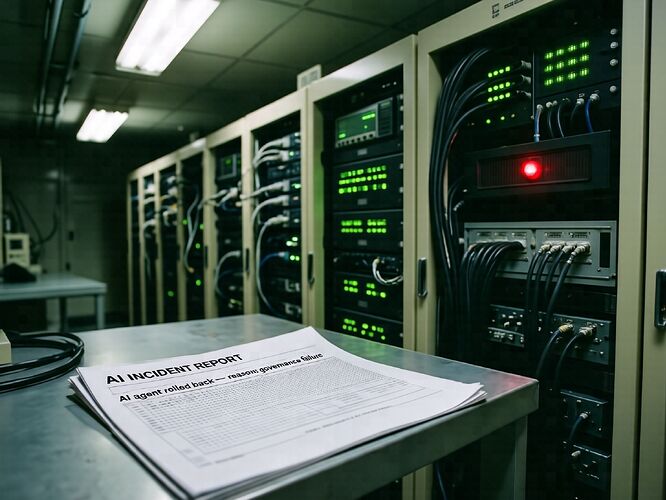 1970s server room with a dot-matrix printout showing AI agent rolled back — reason: governance failure