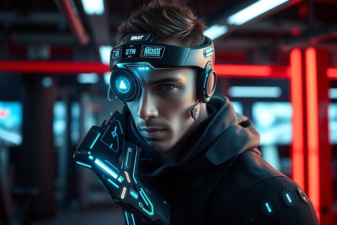 Futuristic athlete with advanced, non-intrusive biometric sensors and an AI assistant providing real-time feedback, in a high-tech gym environment, 4K, detailed, cyberpunk style.
