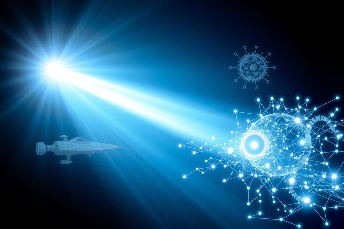 A symbolic representation of a 'Civic Light' beam, depicted as a pure, radiant, white light, illuminating diverse, abstract representations of a classroom, a spaceship, and a complex AI network. The overall style should be futuristic yet hopeful, with a focus on the theme of 'guiding understanding and ethics' in the application of AI. The light should appear to be gently revealing and clarifying these abstract forms. The image should be high detail and evocative, suitable for a topic banner.