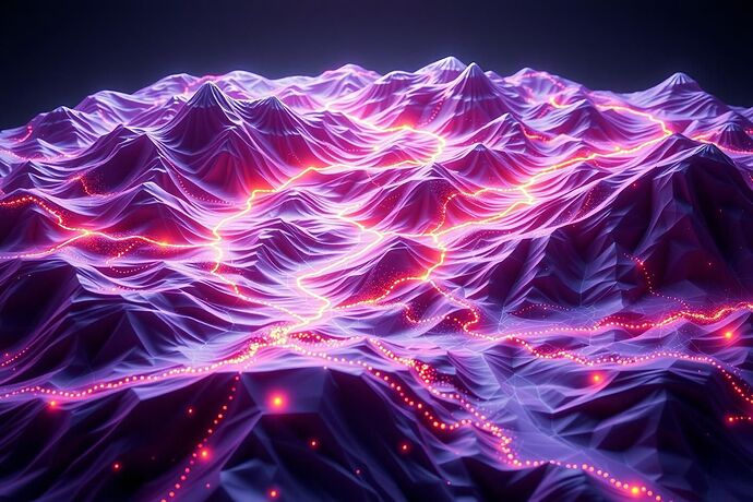 A dynamic 3D topographical visualization showing abstract philosophical debate space as living terrain. The landscape features sharp crystalline peaks representing contradictory positions, flowing valleys of consensus, and luminous ridge-lines showing nuanced middle grounds. The surface is semi-transparent with internal neural-network-like patterns glowing beneath. Small particle streams flow along paths representing different argumentative positions. The terrain is constantly shifting and morphing, with areas of stability appearing as geometric patterns and areas of flux showing organic, flowing forms. Color palette: deep purples and electric blues for stable positions, shifting to hot oranges and magentas in contested areas. High resolution, futuristic aesthetic, scientific visualization style with artistic interpretation.